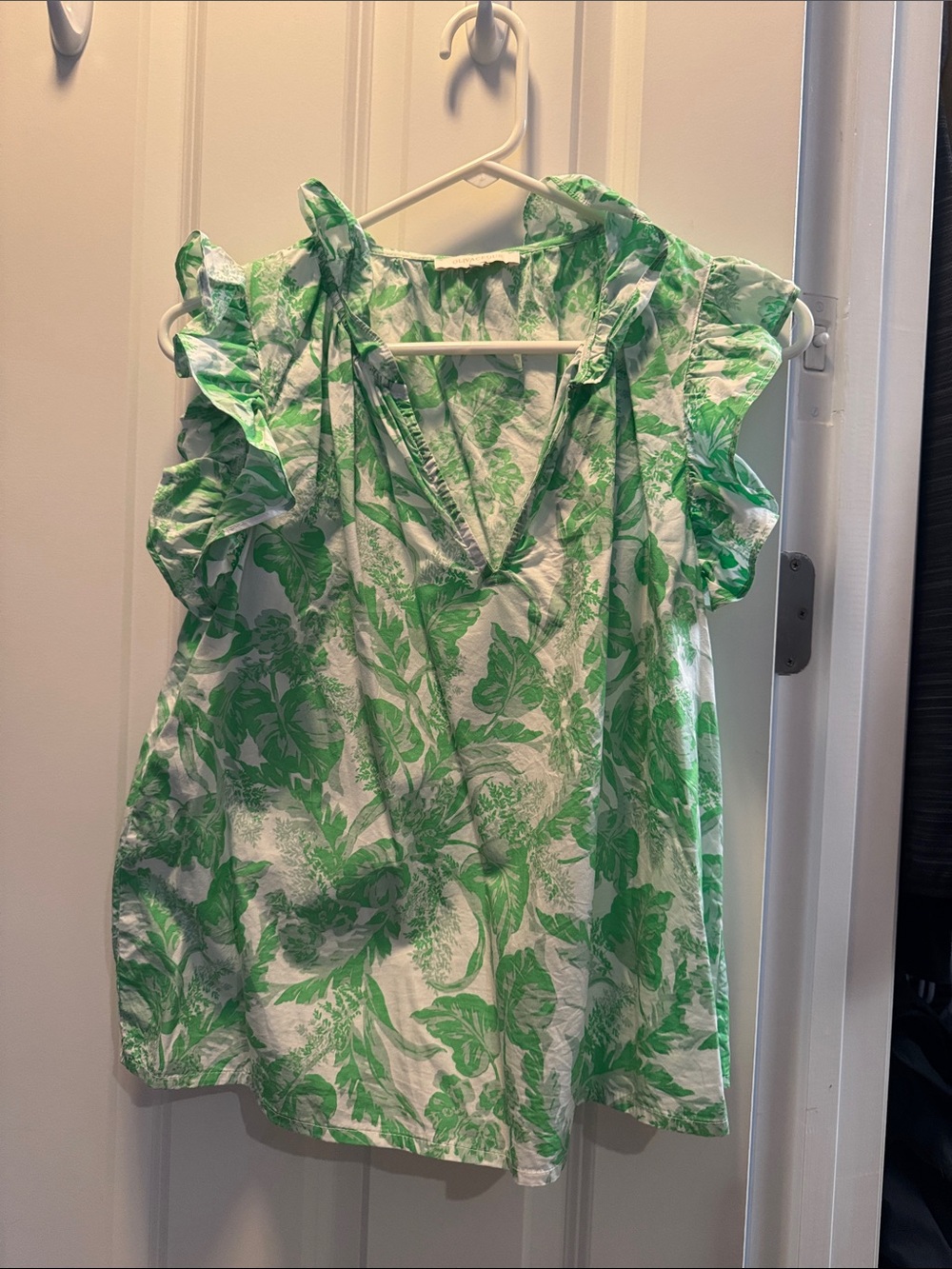 Olivaceous White Tunic with Green Floral Print and Ruffle Sleeves